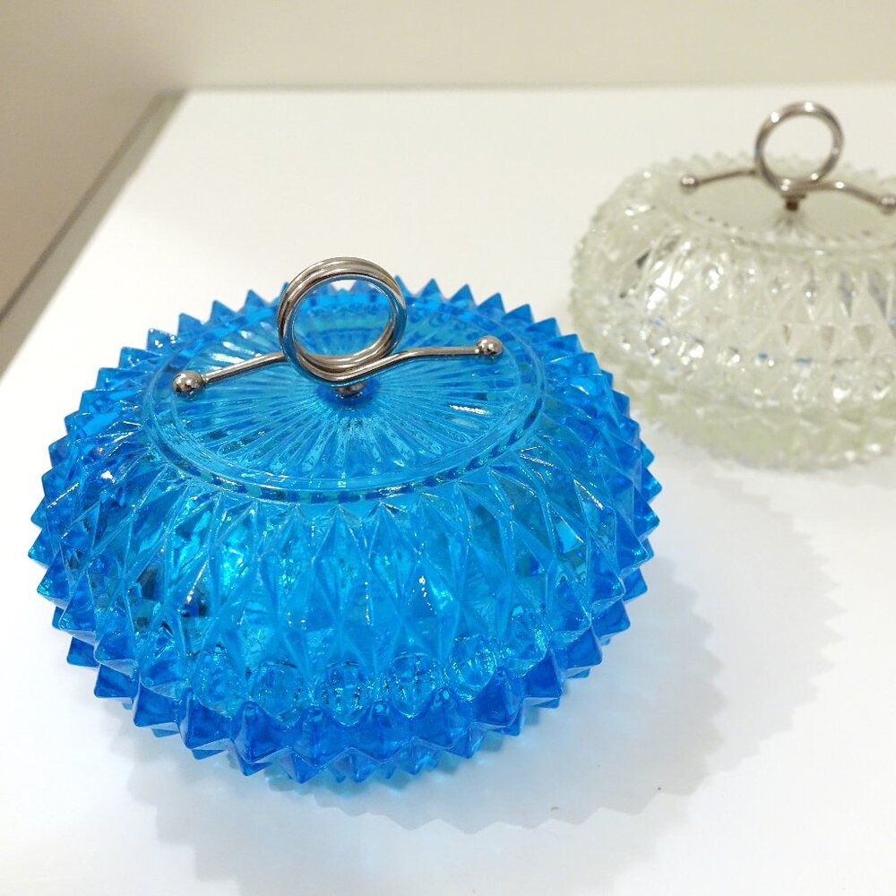 Vintage Indiana Glass Blue Diamond Point Powder Jars w/ Lid & Metal Ring Handle
